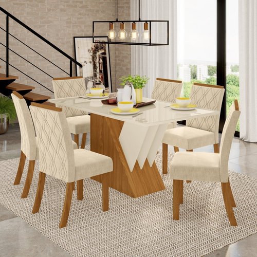 Conjunto Sala de Jantar Mesa Tampo em Vidro 6 Cadeiras Katarina Espresso Móveis Nature/Off White/Linho