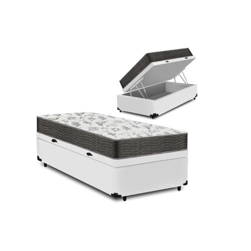 Cama Box Baú Solteiro Conforto Sintético Branco + Colchão Solteiro Conforto Espuma D33 com Eps 14x88 Branco Liso