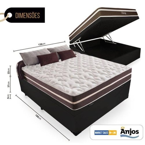Cama Box com Baú Casal + Colchão de Molas - Anjos - Classic Superlastic 138cm - Preto Preto Liso