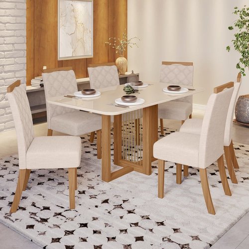 Conjunto Sala de Jantar Tampo MDF/vidro 6 Cadeiras Marie Espresso Móveis Nature/Off White/Linho