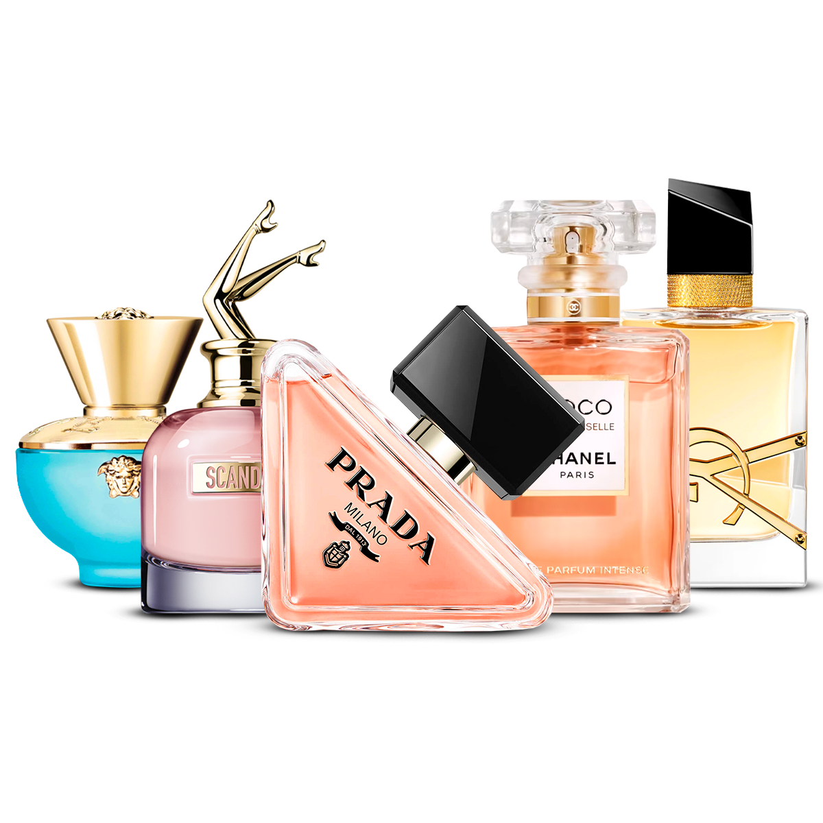 Combination of 5 women's perfumes – Versace Dylan Turquoise, Scandal, Prada Paradoxe, Coco Mademoiselle and Yves Saint Laurent Libre [100 ml each]