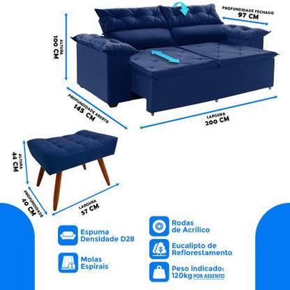 Jogo sofá com 2 Puffs Compact retrátil reclinável 200 cm Molas Espirais Azul Ws Estofados