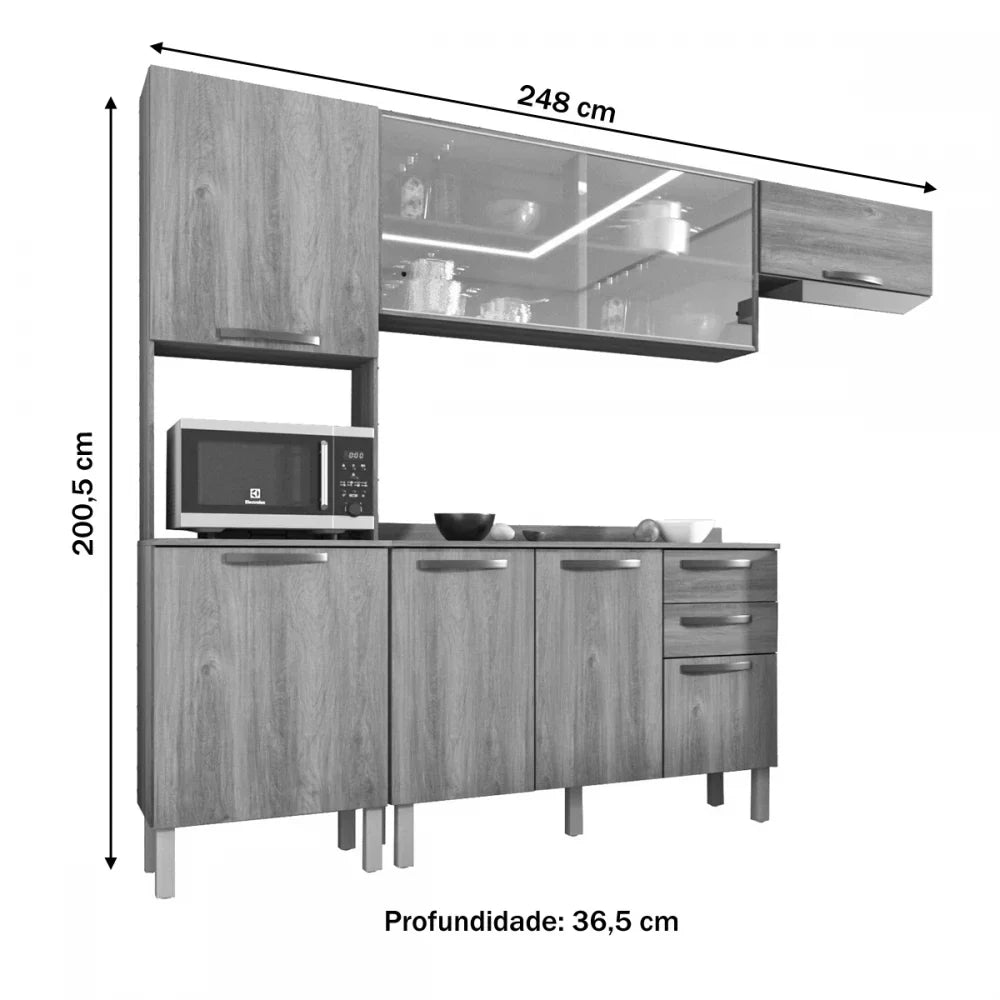 Cozinha Compacta Carol 8 Portas 2 Gavetas Carvalho/Grafite 13336 - Sallêto Móveis