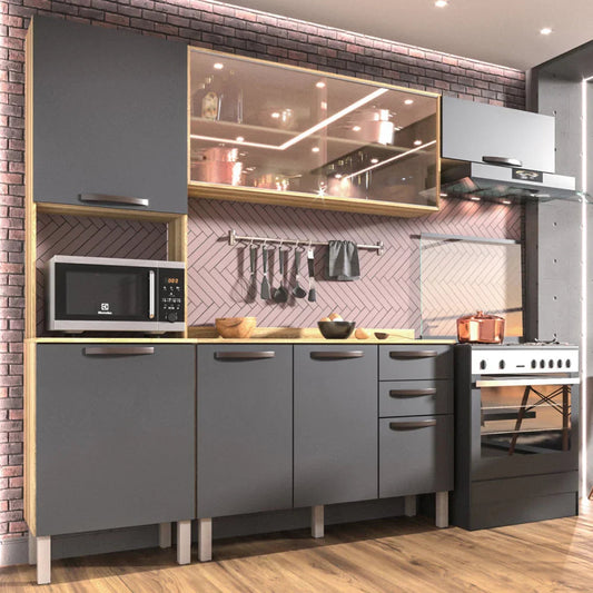 Cozinha Compacta Carol 8 Portas 2 Gavetas Carvalho/Grafite 13336 - Sallêto Móveis