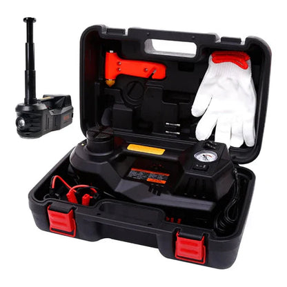 Kit Macaco Elétrico Multifuncional 3 em 1 com Chave de Impacto, Compressor de Ar e Luz LED + BRINDE (Kit limpeza automotiva)